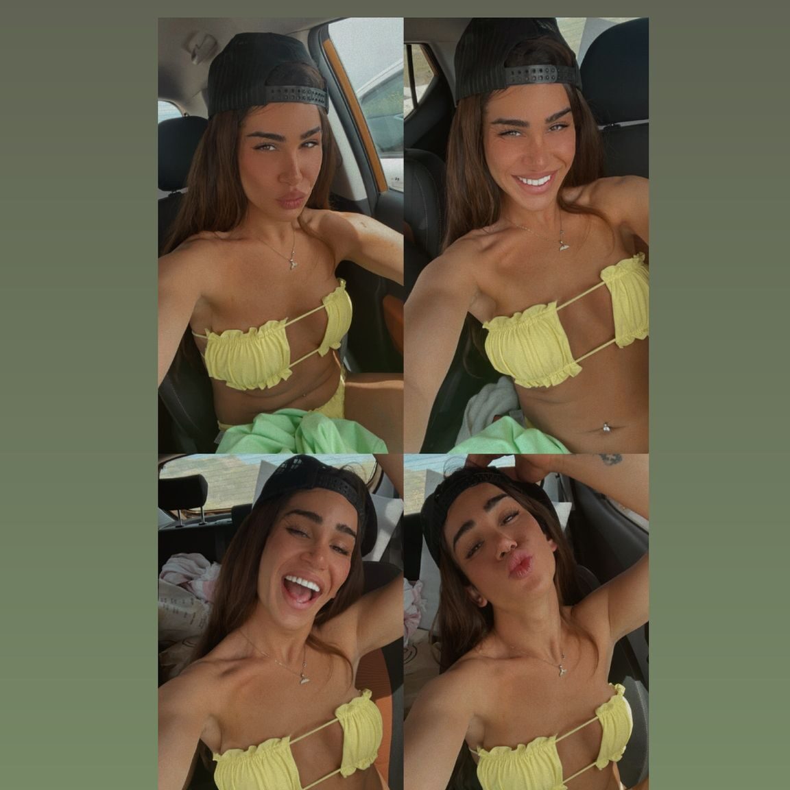 בחורה יושבת במכונית עם בגד ים צהוב וכובע שחור מצולמת בארבע תמונות חצויות בעמדות שונות.